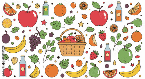 Colorful illustration of various fruits.