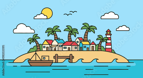 Colorful Island with Palm Trees Houses.