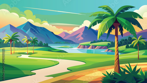 A vibrant digital illustration of a lush tropical golf course with mountains in the background Vector