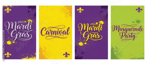 Mardi Gras Carnival Poster Set with Masquerade Party Typography Fleur de Lis Symbols Purple Gold Green Grunge Background Festive Celebration Design