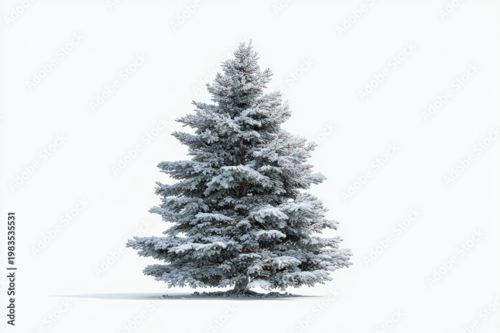 Fototapeta premium A full, snow-covered fir tree stands isolated against a stark, white backdrop