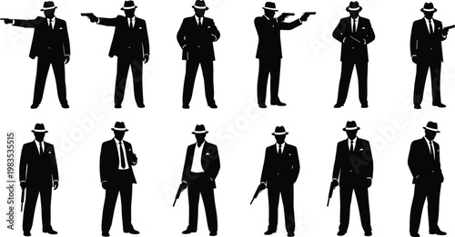 Gangster silhouettes with guns checkered background.