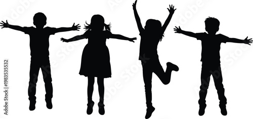 Children jumping silhouettes checkered background.