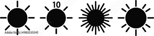 Sun icons set with different ray styles minimal black silhouettes weather symbols vector illustration collection design