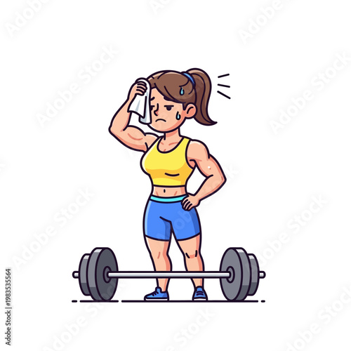 Tired Woman Athlete Wiping Sweat After Intense Weightlifting Workout