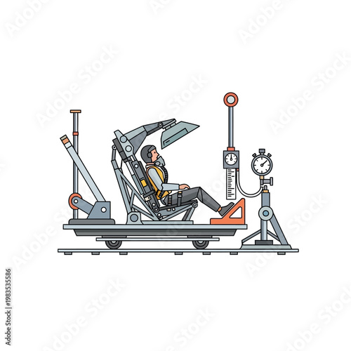 Astronaut testing acceleration centrifuge seat with equipment and timer