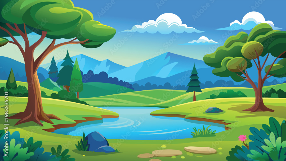 Obraz premium A vibrant digital landscape illustration featuring a calm pond surrounded by green trees and hills Vector