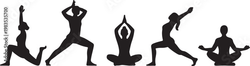 Black Silhouettes Of People In Yoga Poses On White