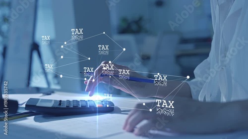 Digital tax filing Tax return financial planning analyzing  data revenue deductions filing income tax online payment mobile app computer technology. Business tax management economy 