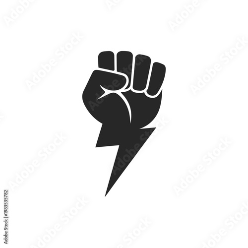A black silhouette of a clenched fist with a lightning bolt
