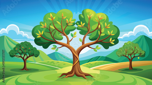 A vibrant digital illustration of a majestic tree with intertwined trunks in a lush landscape Vector