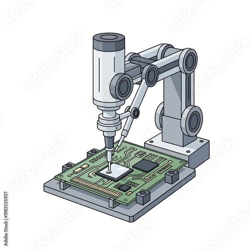 Automated robotic arm assembling a complex electronic circuit board with microchip placement
