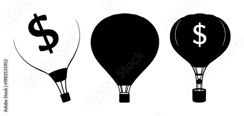 Financial inflation balloon set with a solid black icon on white background featuring inflation symbol, balloon illustration, monetary theme with economy and finance