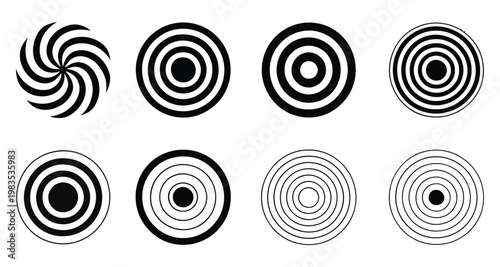 set of eight black and white hypnotic spiral patterns for design and branding