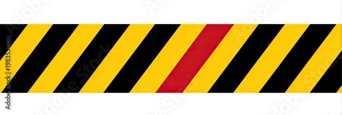 A horizontally oriented graphic of diagonal black and yellow stripes, with a red stripe