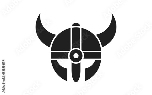 A striking black and white illustration of a viking helmet design