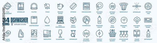 Dishwasher icons set. Household appliance for washing utensil,  clean dishes, dishware flat vector set