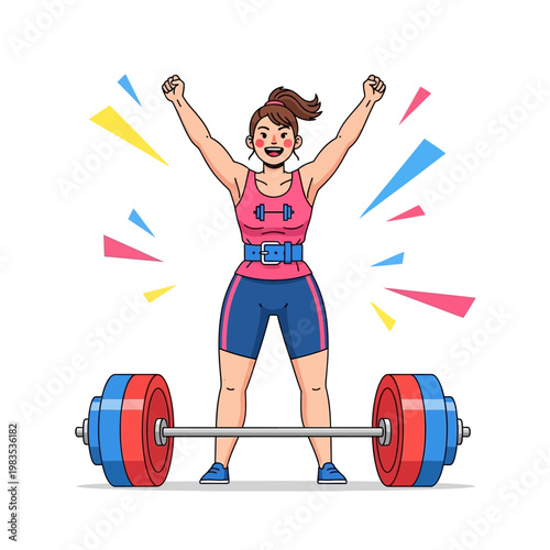 Woman Weightlifter Celebrating Victory with Barbell