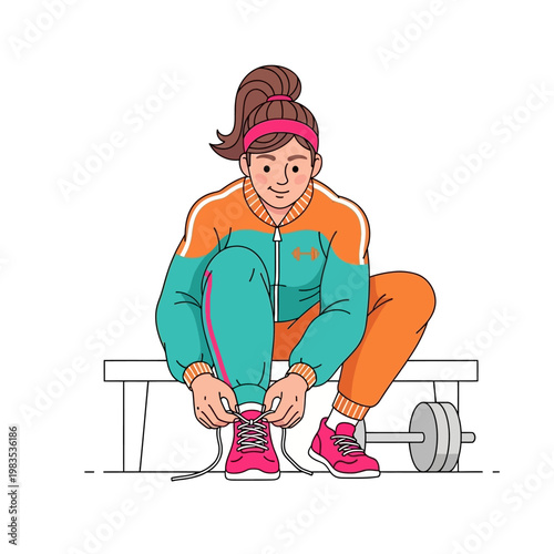 Woman tying shoelaces on gym bench with barbell, fitness preparation, active lifestyle