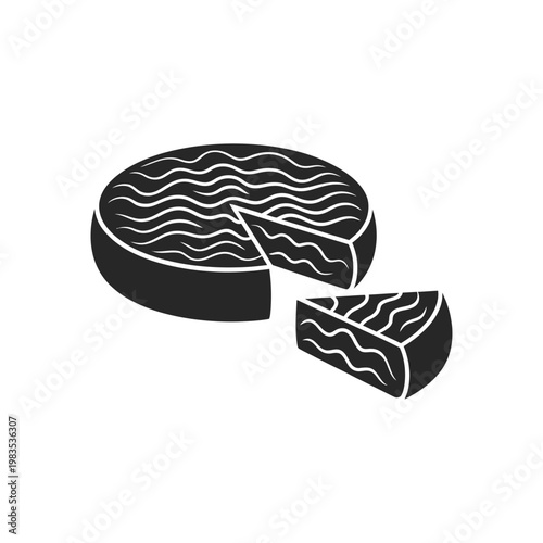 A black and white illustration of a round cheese with a missing slice
