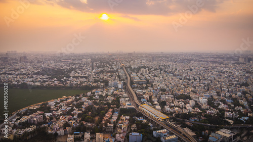 Cuadro en lienzo Aerial view of Bangalore urban infrastructure featuring metro line, highways and