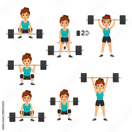 Woman Weightlifting Exercise Set: Squat, Deadlift, Overhead Press, Clean and Jerk