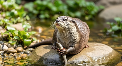 Otter sitting on a rock outdoors.