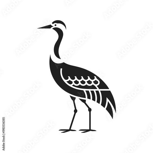 Stylized black and white illustration of a long legged wading bird