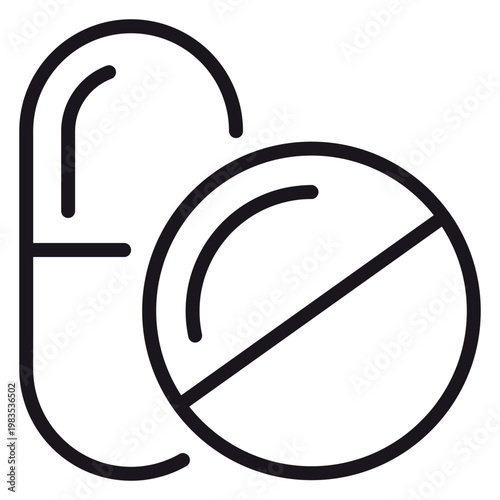 Minimalist black line art vector icon illustration of a medical capsule and round tablet pill, representing pharmacy, healthcare, medicine, and drug treatment on a white background.