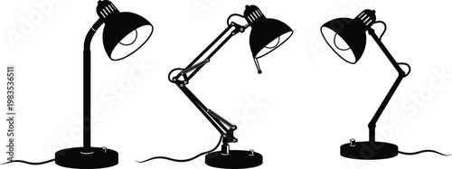 Set of three black silhouette desk lamps with adjustable arms and classic shades, modern and vintage designs.