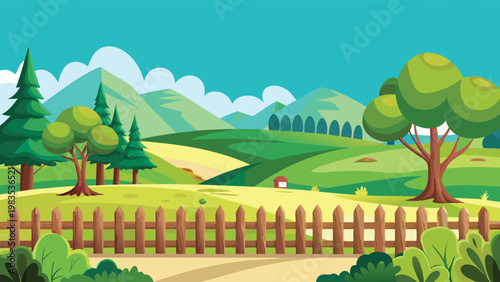 A vibrant cartoon landscape features rolling green hills under a bright blue sky with fluffy clouds Vector