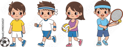 Cute cartoon children engaged in various sports activities on transparent background.