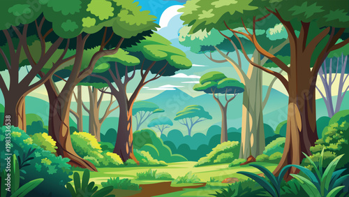 A vibrant and lush green forest landscape with towering trees and distant rolling mountain hills Vector