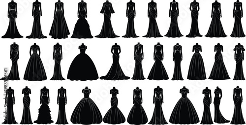 Collection of elegant black evening gowns silhouettes for women on transparent background.