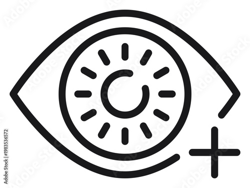Black line vector icon illustration of a human eye with a plus sign symbol, representing vision enhancement, adding a view, ophthalmology health check, or monitoring observation.