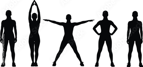 Silhouettes of women performing various yoga and fitness exercises on transparent background.