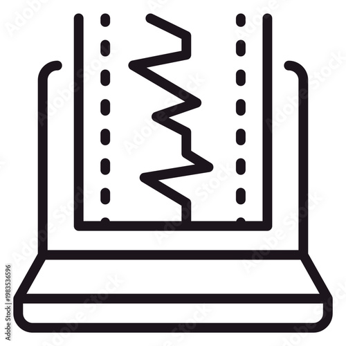 Seismograph data on laptop screen vector icon, earthquake monitoring software illustration, heart rate waveform on computer display symbol, digital health and science technology graphic.