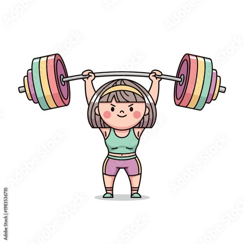 Cute Cartoon Girl Lifting Heavy Barbell, Strength Training and Fitness Icon