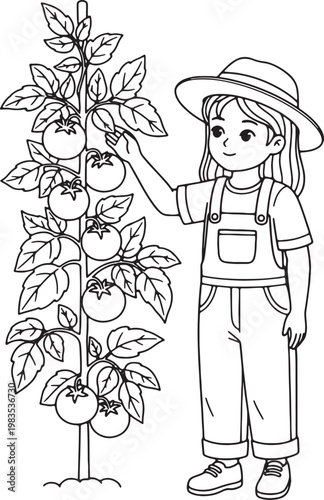 A beautiful fashion illustration of a lady in a summer dress with a watering can and a tree in a garden, designed as a vector cartoon drawing