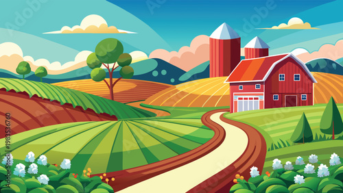 A beautiful landscape illustration featuring a red barn with silos on a lush green countryside farm Vector