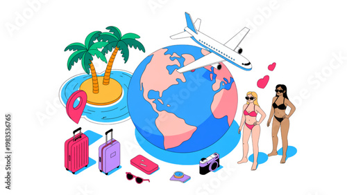 Colorful cartoon globe with travel accessories and tropical elements Vector