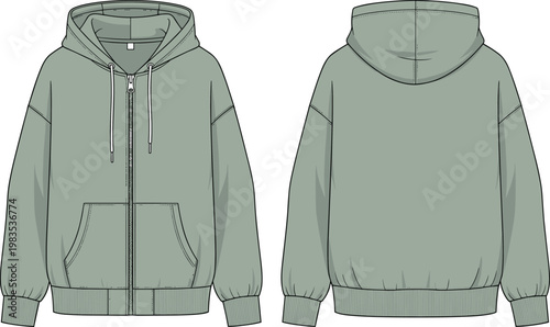 Front and back view of a grey hooded jacket with zipper and pockets.
