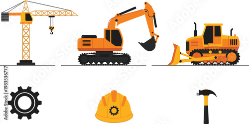 Set of construction vehicles and tools including excavator crane and bulldozer.