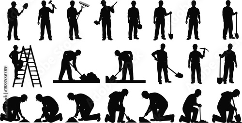 Silhouettes of construction workers performing various tasks with tools.