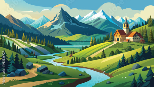 A serene alpine landscape featuring a tranquil river flowing past a traditional church building Vector