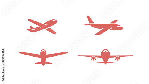 Four different stylized red airplane silhouettes in various angles Vector
