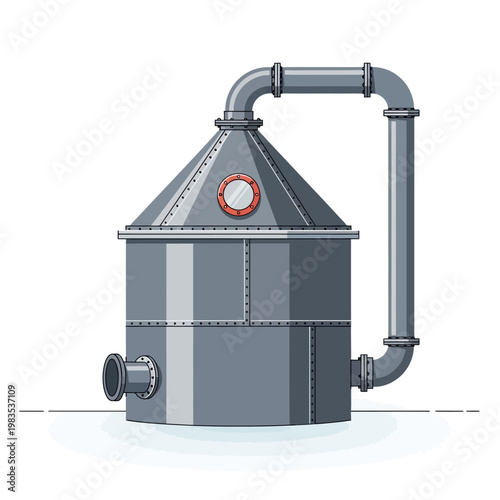 Industrial distillation column with pipes and window, chemical processing equipment