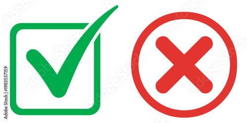 Green checkmark in square and red cross in circle icon set, validation symbols, approval rejection interface elements, minimalist vector illustration