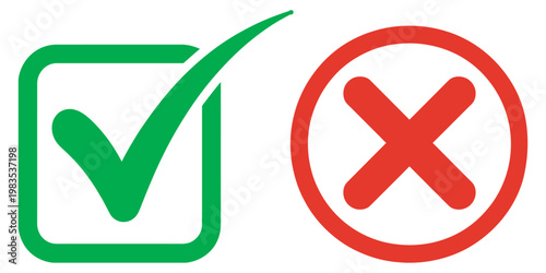 Green checkmark in a square and red cross in a circle icon set, success and error symbols, UI approval and rejection vector illustration