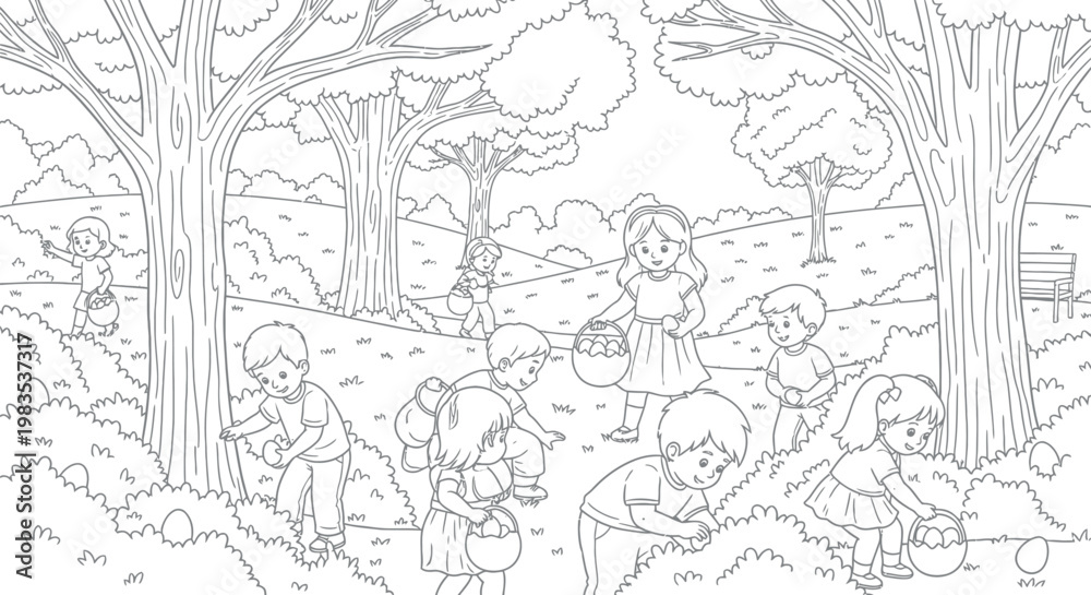 Obraz premium Several happy children are actively searching for hidden Easter eggs amongst the trees and bushes in a charming outdoor park setting, ready for creative coloring fun and festive holiday celebration.